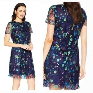 Tahari Arthur Levine Embroidered Navy Floral Mesh Dress Sheer Sleeves Size 10